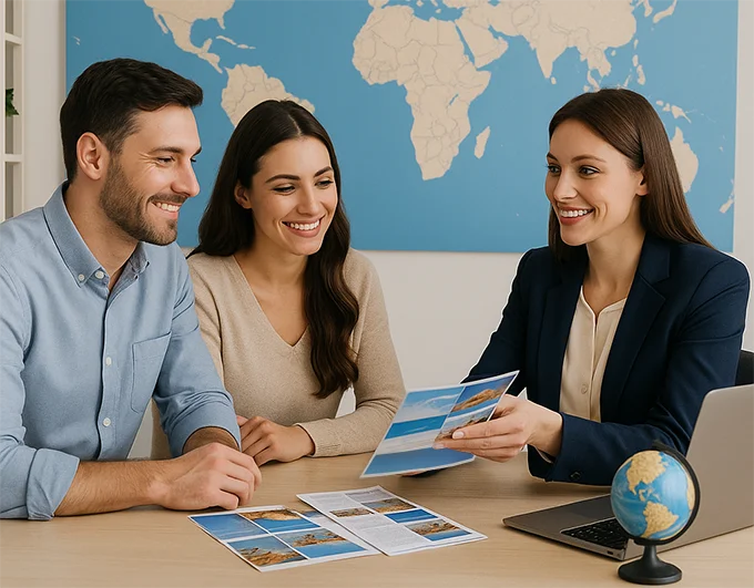 Couple choisissant une formule en agence de voyage