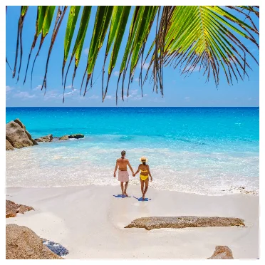 Couple se donnant la main sur une plage paradisiaque