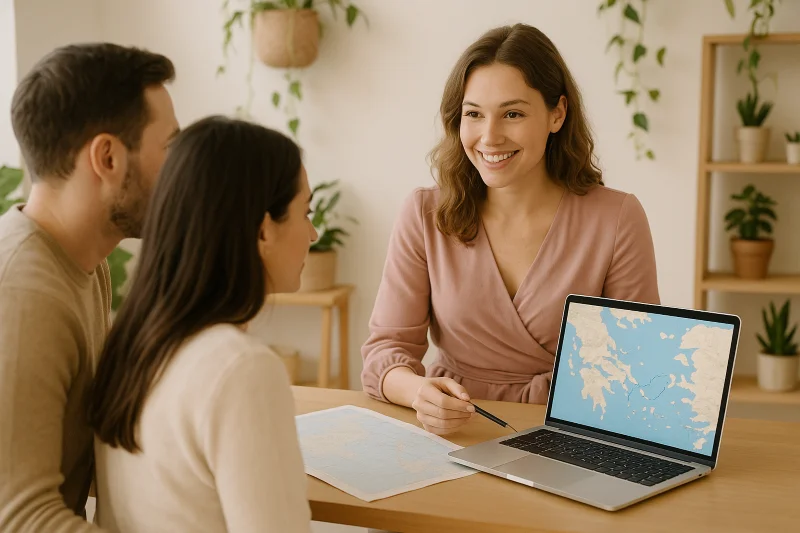 Couple échangeant avec une organisatrice de voyages indépendante
